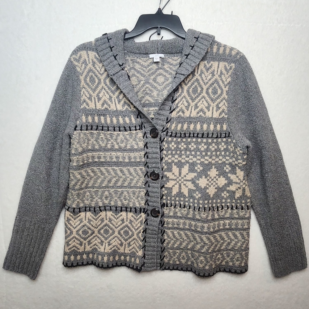 J. Jill Nordic Gray & Cream Hand-Embroidered Hooded Cardigan Women's Size Large.